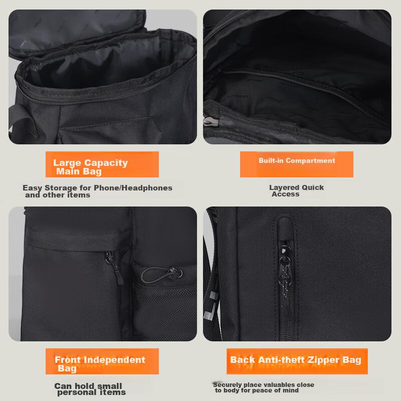 Li-Ning Crossbody Bag, Lightweight Multifunctional Travel Bag, Large Capacity Cycling Bag, Shoulder Bag, Sport Bag, Black
