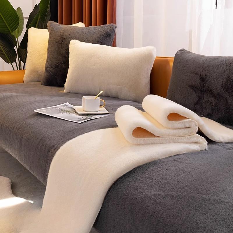 Rabbit Plush Sofa Cushion Winter Light Luxury Modern Simple Non-Slip High-End Thickening Cushion Leather Sofa Cover Cover Cloth
