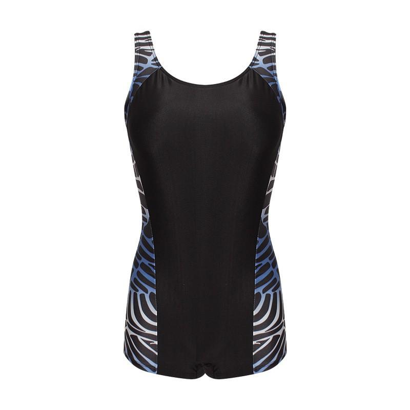 Womens Athletic Cut One-Piece Swimsuit Black Geometric Print Sleeveless Modest Swimwear Training