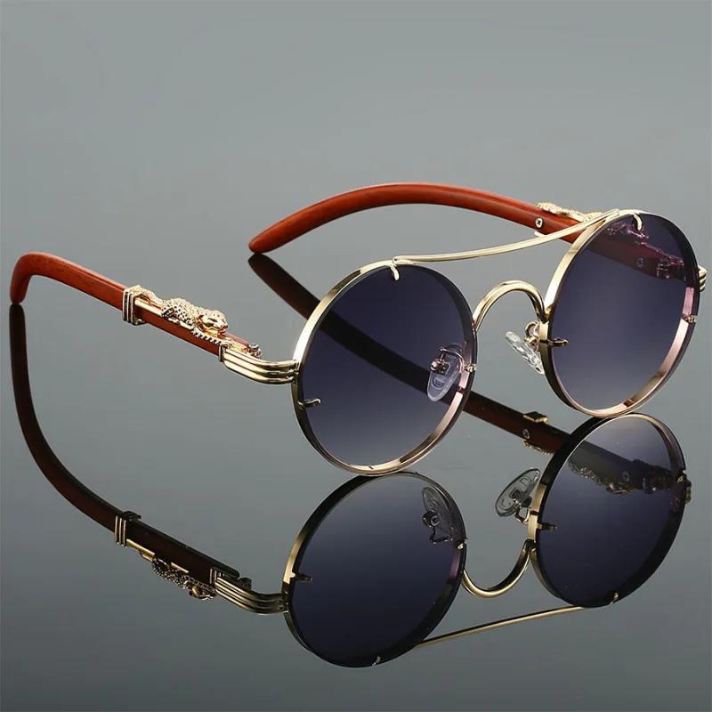 New Retro Imitation Wood Grain Women Sunglasses Men'S Round Travel Sun Glasses Women'S Fashion Trend Uv Protection Glasses