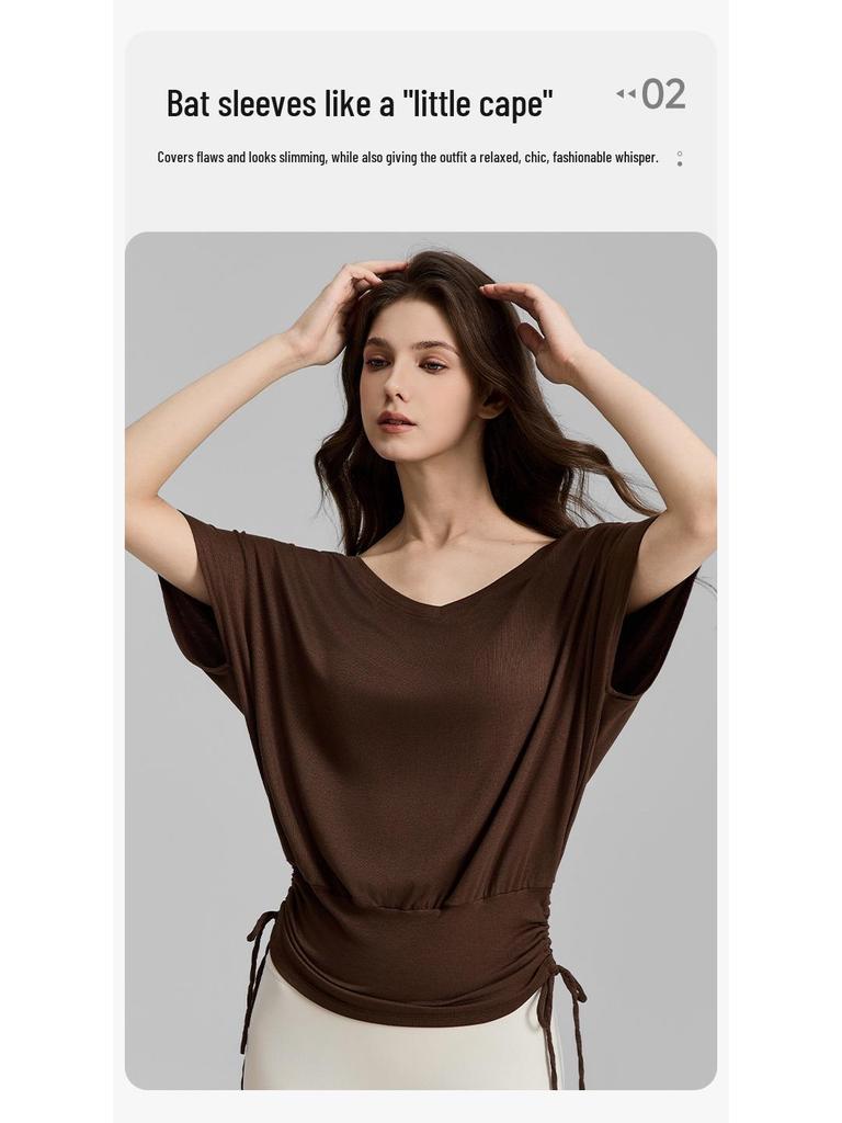 Women's V-neck Batwing Yoga T-shirt: Loose, Short Sleeve, Drawstring, Lazy Style for Spring/Summer 2026.