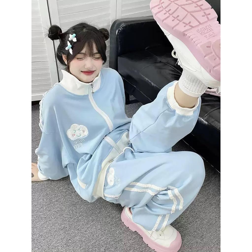 ZYOOFOV Long Sleeve Tracksuit Set with and Front A plus light Women's Stand-Up Collar, Zipper, Embroidery, Opening. subculture-inspired, size, blue,