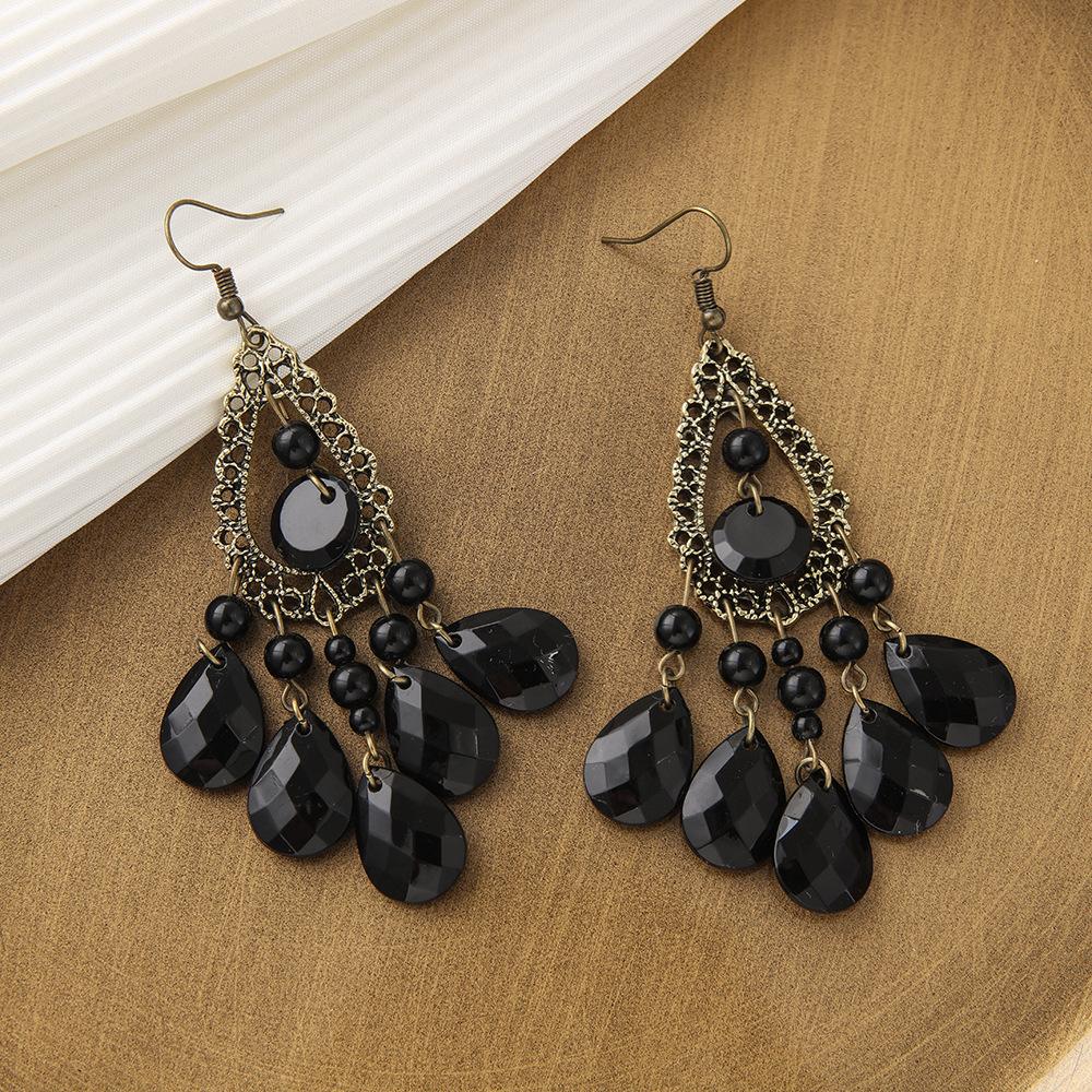Peacock Feathers Shape Drop Earrings for Women Bohemian Trendy Black Acrylic Metal Long Tassel Dangle Earrings Retro Jewelry