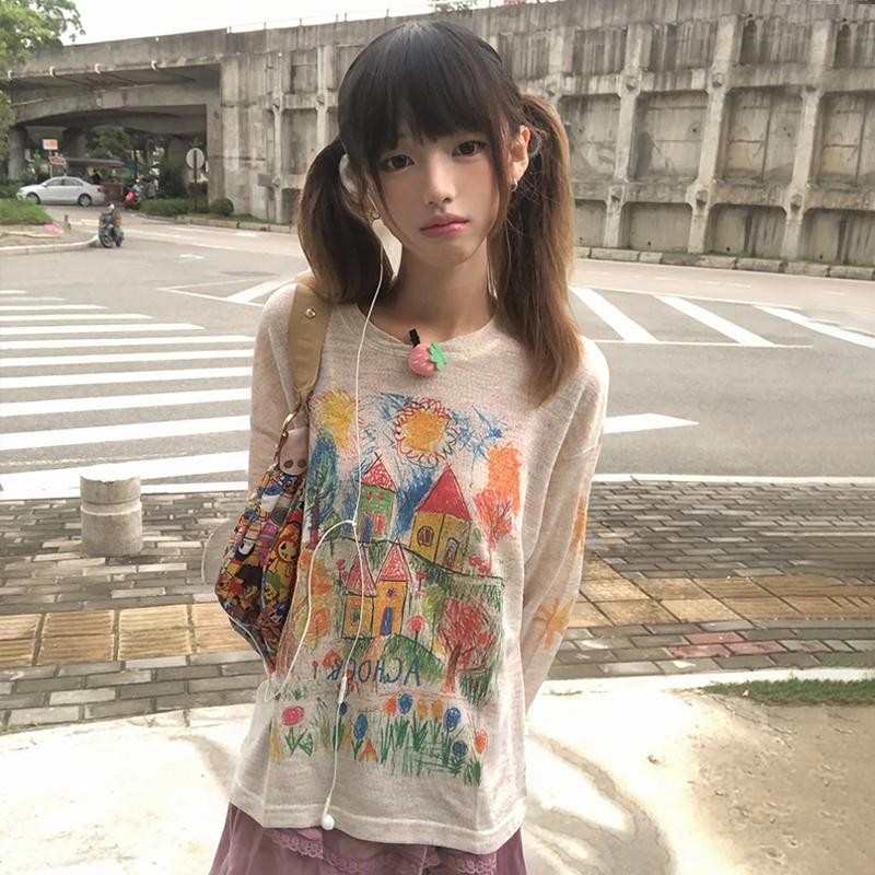 Japon Y2k Graffiti Baskılı Örgü Tişört 2000'ler Tarzı Uzun Kollu İnce Tişört Vintage Harajuku Rahat Tarz Sokak Giyimi