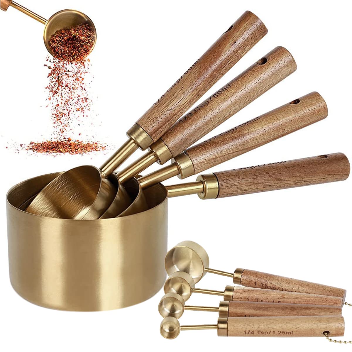 

Measuring Cup and Spoon Set with Wooden Handles and Stainless Classic and Stylish Baking Measuring Dishwasher Perfect for Bakery and 8-Piece Steel, золотий