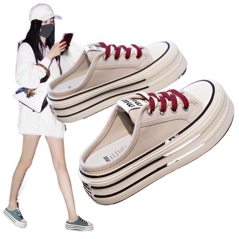 Thick-soled Bag Head Half Slippers Women's Outer Wear 2025 New Height Increase One Pedal Without Heel Muffin Canvas Single Shoes Versatile
