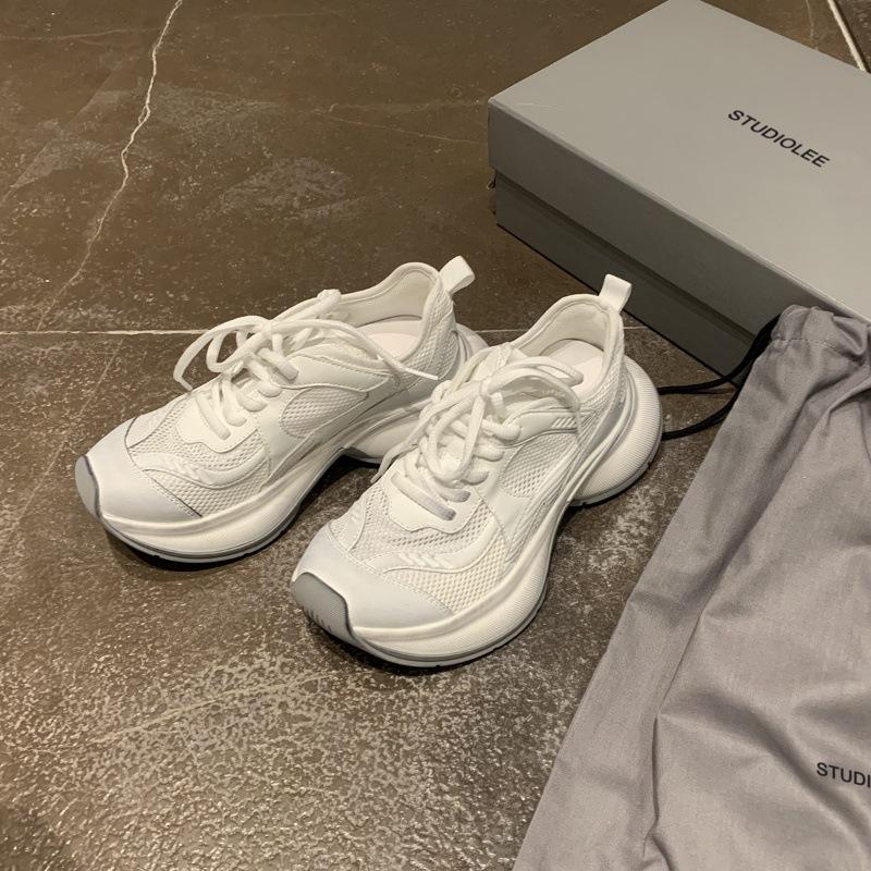 Cowhide Version~ Mesh Splicing Thick Sole Heightening Breathable Lightweight Sports and Leisure Shoes Female Dad Shoes