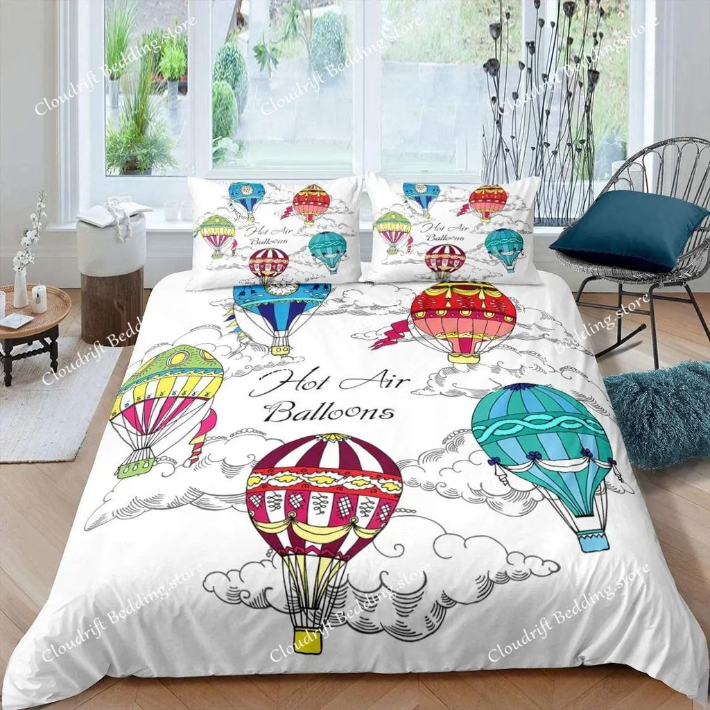 Hot Air Balloon Duvet Cover Set King Queen Full Size Polyester Comforter Cover For Kids Boys Girls Bedding Set With Pillowcase