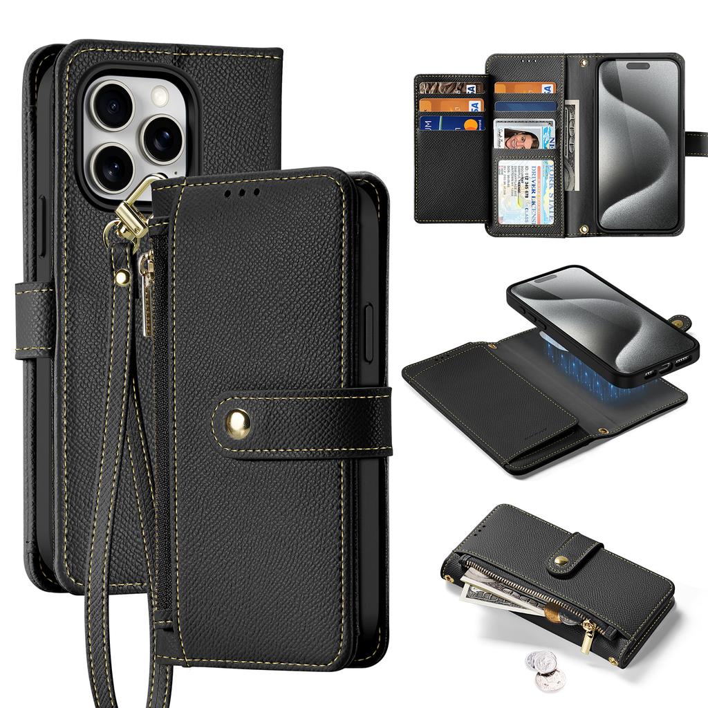 For iPhone 15 Pro Max Case DUX DUCIS Lawa Series Detachable Magnetic Cowhide Leather Cover Zipper Wallet