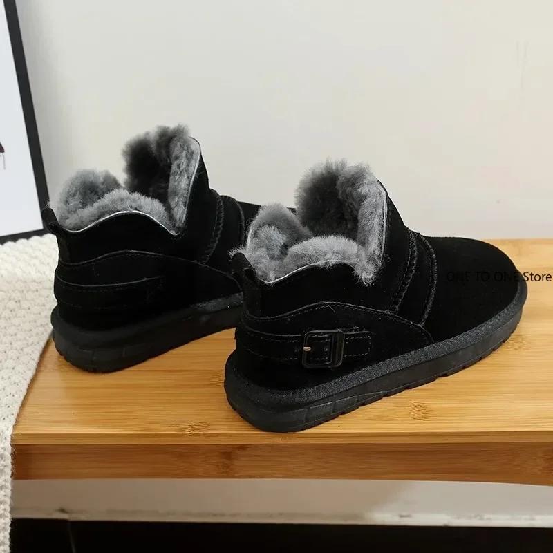 Fashion 2025 Snow Boots Women Cow Suede Furry Solid Color Round Toe Hook & Loop Flat With Winter Lasies Shoes Winter Footwear Plush Med