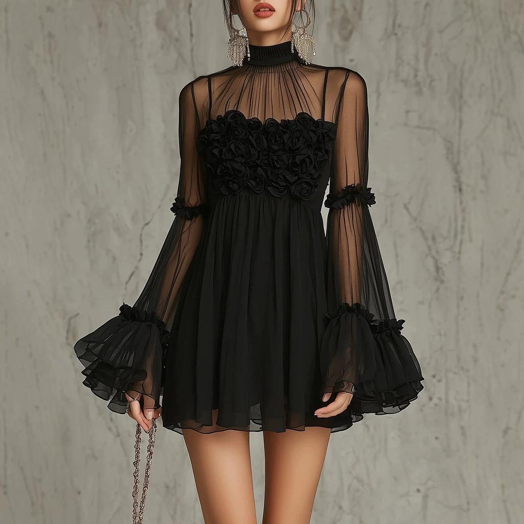 There are big flowers on the chest, European and American French three-dimensional rose mesh dress, high neck perspective horn, small black dress.