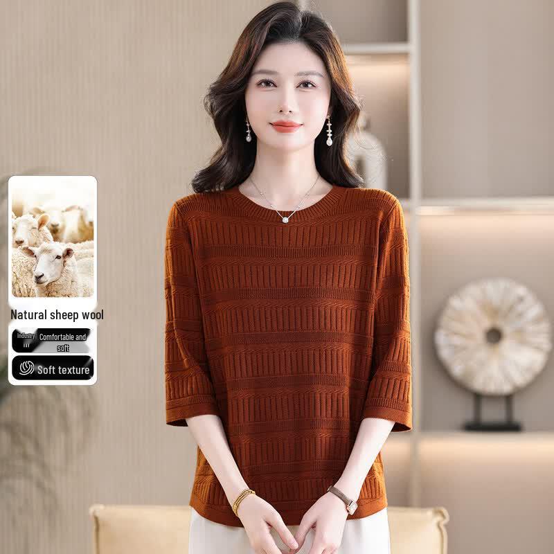 SNOWFLYING Women s Ribbed Round Neck Seven-Sleeve Knit Top M