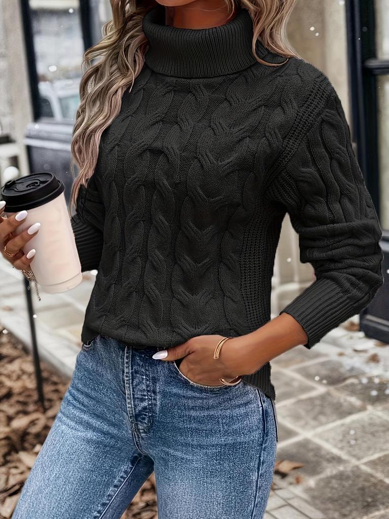 Suéter de Punto Trenzado de Cuello Alto de Color Sólido para Mujer - Colección Otoño/Invierno