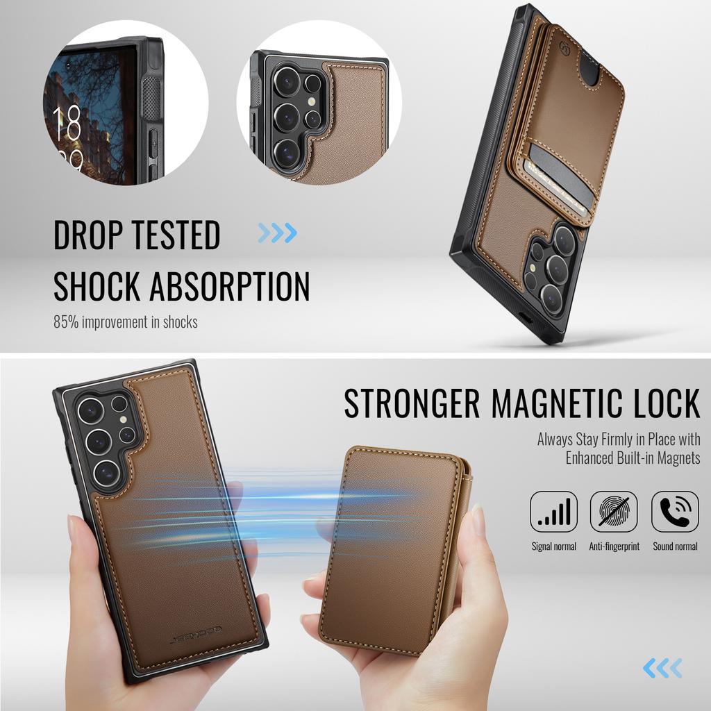 For Samsung Galaxy S26 Ultra Magnetic Case JEEHOOD J10 Leather Back Phone Cover with Detachable Card Holder Kickstand