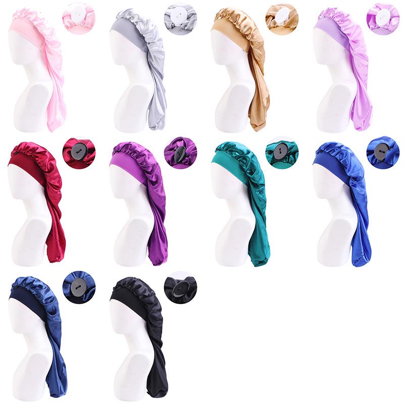 Custom Satin Long Reversible Braid Adjustable Silk Satin Sleeping Bonnet With Button