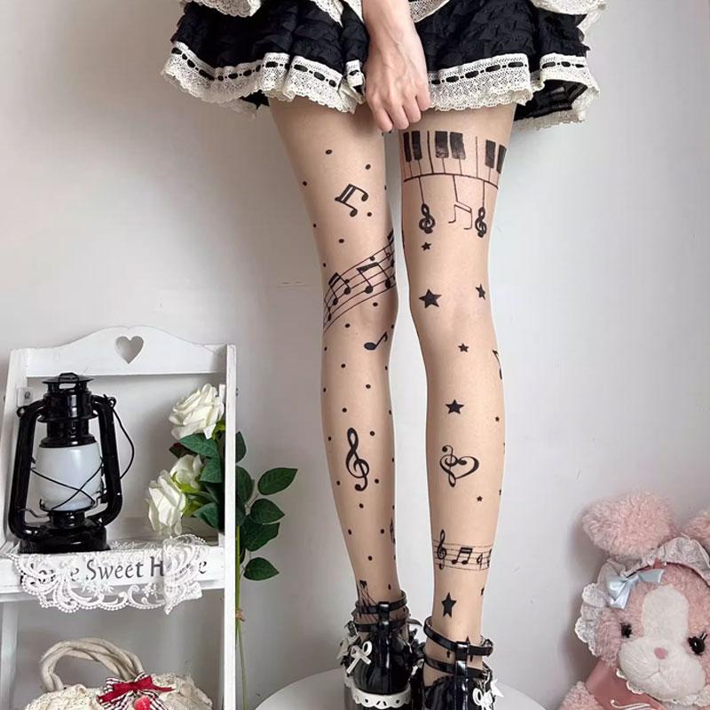 Women  Stocking Gothic Music Notes Print Tights Thin High Elasticity Black Skin Leggings Spicy Girls Y2K Hosiery
