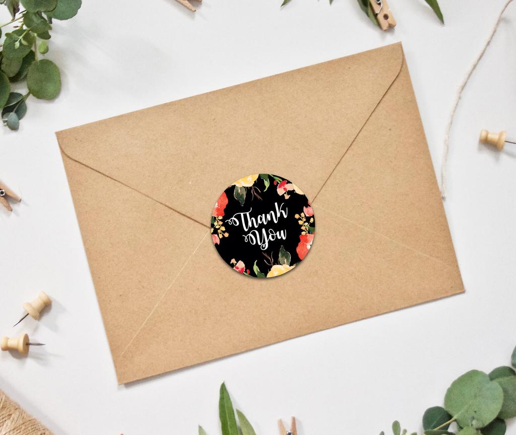 Darling Souvenir 45 Pcs Round Floral Border Black Thank You Stickers Wedding Envelope Seal-1.6