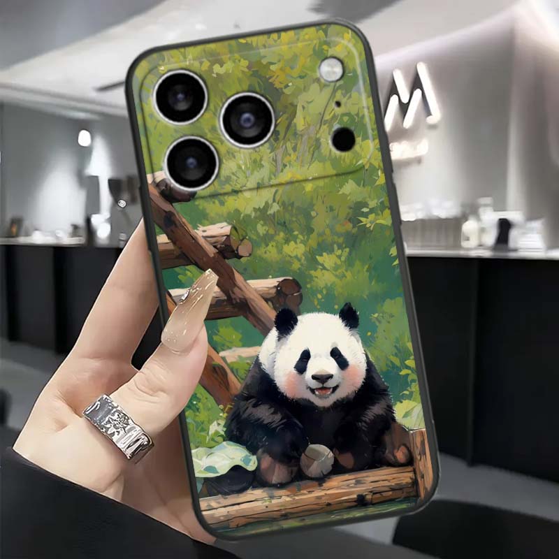 Cartoon Anime Panda Cute For Apple iPhone 17 16 16E 15 14 13 12 11 Pro Max Plus Black Soft Silicone Phone Case