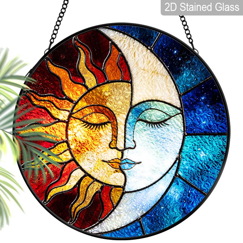 

2D Flat Stained Glass Sun and Moon Window Decoration Colored Glass Plate, 7.87inches Colorful Hanging Sun Catcher with Chain, Summer Home Livingroom 7.87inch