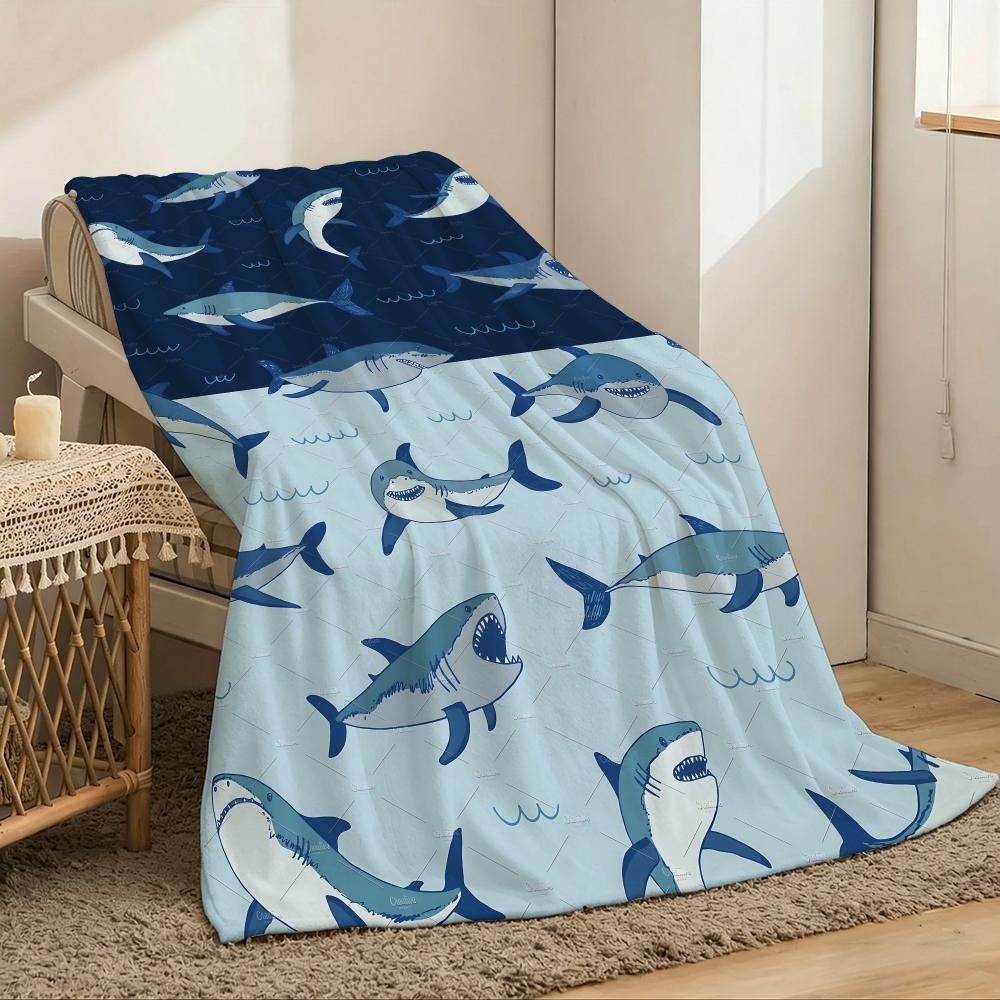 1pc Shark Print Throw Lightweight 240g Flannel Blanket Soft Skin-friendly for Summer Cooling