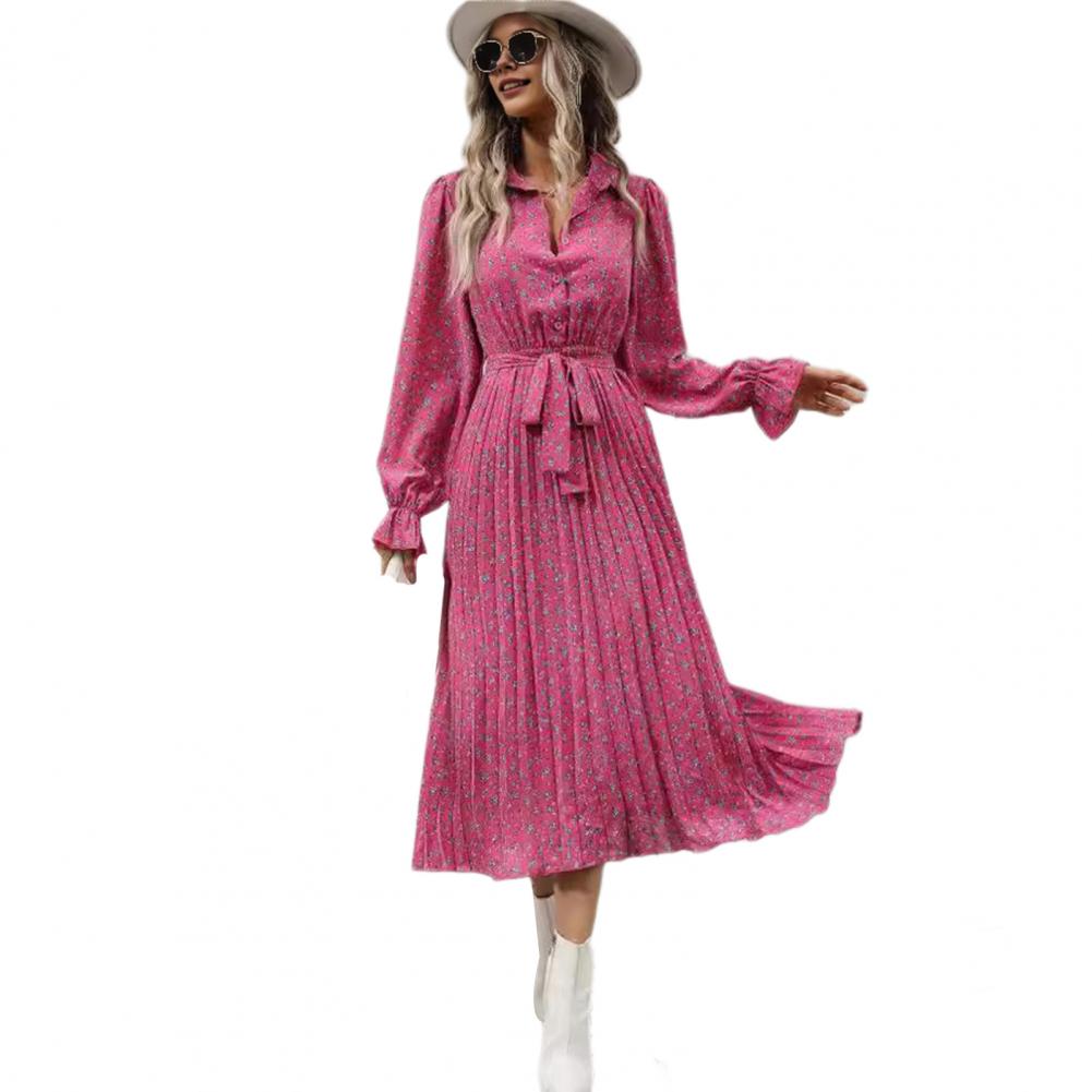 

Платье для женщин осень-весна с отложным воротником, V-образным вырезом, длинными рукавами, А-силуэта, с широкими качелями, однобортное, со шнуровкой на талии, с плиссировкой, с цветочным принтом S розы красного