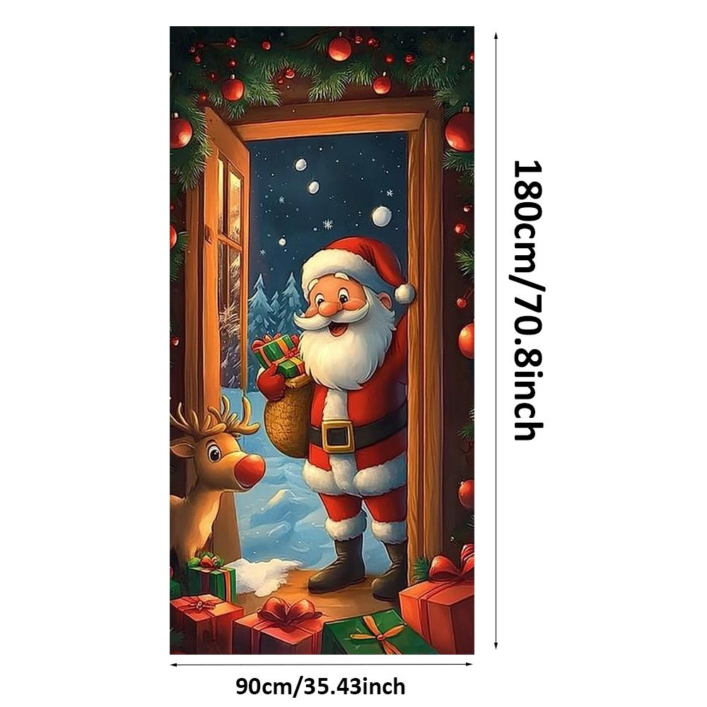Cartoon Santa Elk Linings For Christmas Doors Kids Room Door Cover Banner Indoor Outdoor Porch Large Decoration New Year Decors