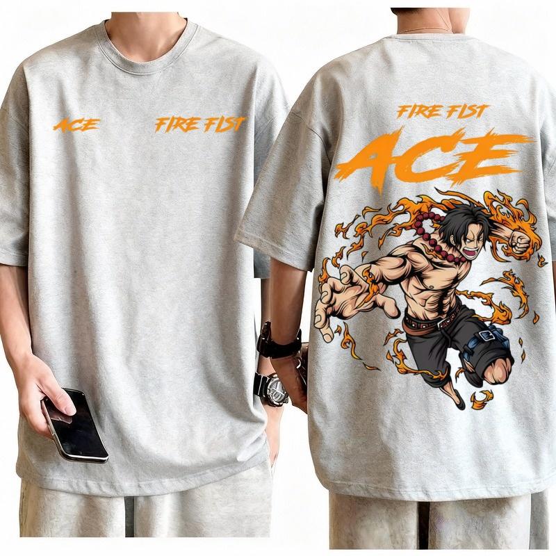 T-shirt Harajuku da Uomo One Piece Portgas D Ace Pugno di Fuoco 100% Cotone Maglietta Grafica Anime Girocollo Manica Corta Casual Streetwear Top