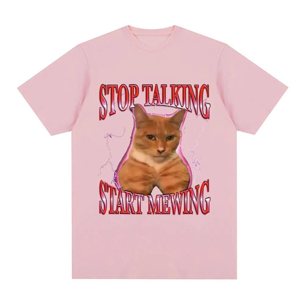 Stop Talking Start Mewing T-Shirt Funny Cute Cat Meme Graphic Short Sleeve T Shirts 100% Cotton Comfort Loose T-shirts Oversized