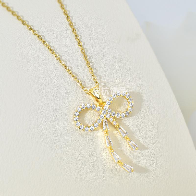 Design Bow Necklace Women'S Simple High-End Versatile Micro-Inlaid Pendant Exquisite Collarbone Chain