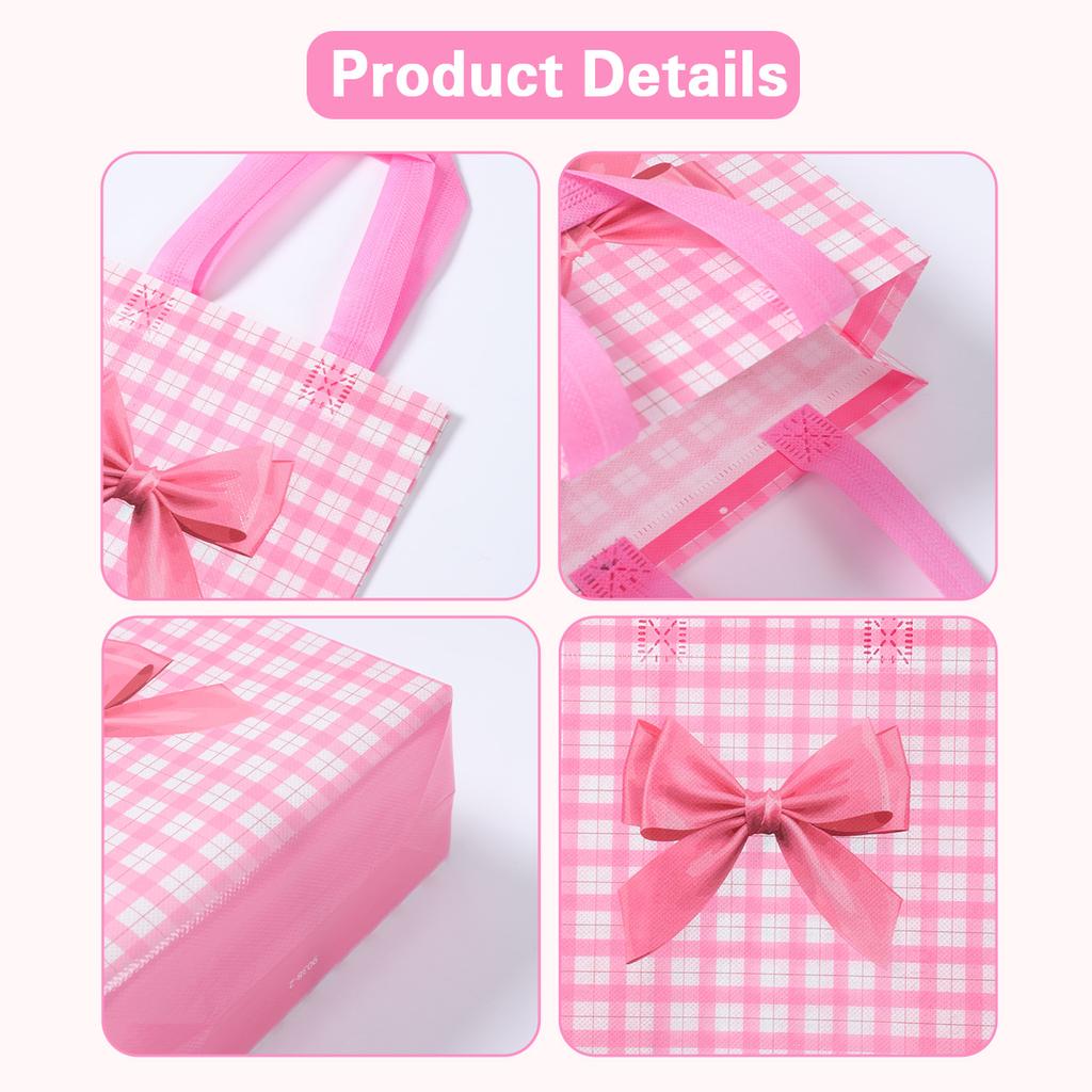 Pink Bow Non-woven Gift Bags Pink Bow Birthday Party Decorations Kids Girls Favors Gifts  Handbags Wedding Baby Shower Supplies