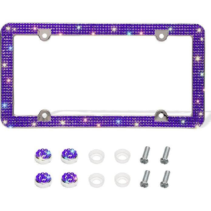 Otostar Bling License Plate Frame, Handcrafted 4 Rows Shiny Rhinestones Stainless Steel 4 Holes License Plate Frame With Anti-Theft Screws Caps Set
