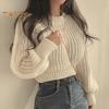 Autumn Winter Knitting Tops Round Neck Puff Long Sleeve Solid Color Loose Fit Casual Top Ribbed Trim Pullover Sweater