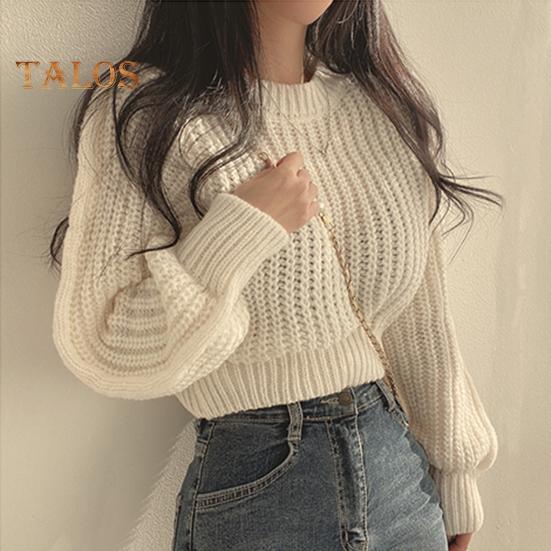 Autumn Winter Knitting Tops Round Neck Puff Long Sleeve Solid Color Loose Fit Casual Top Ribbed Trim Pullover Sweater