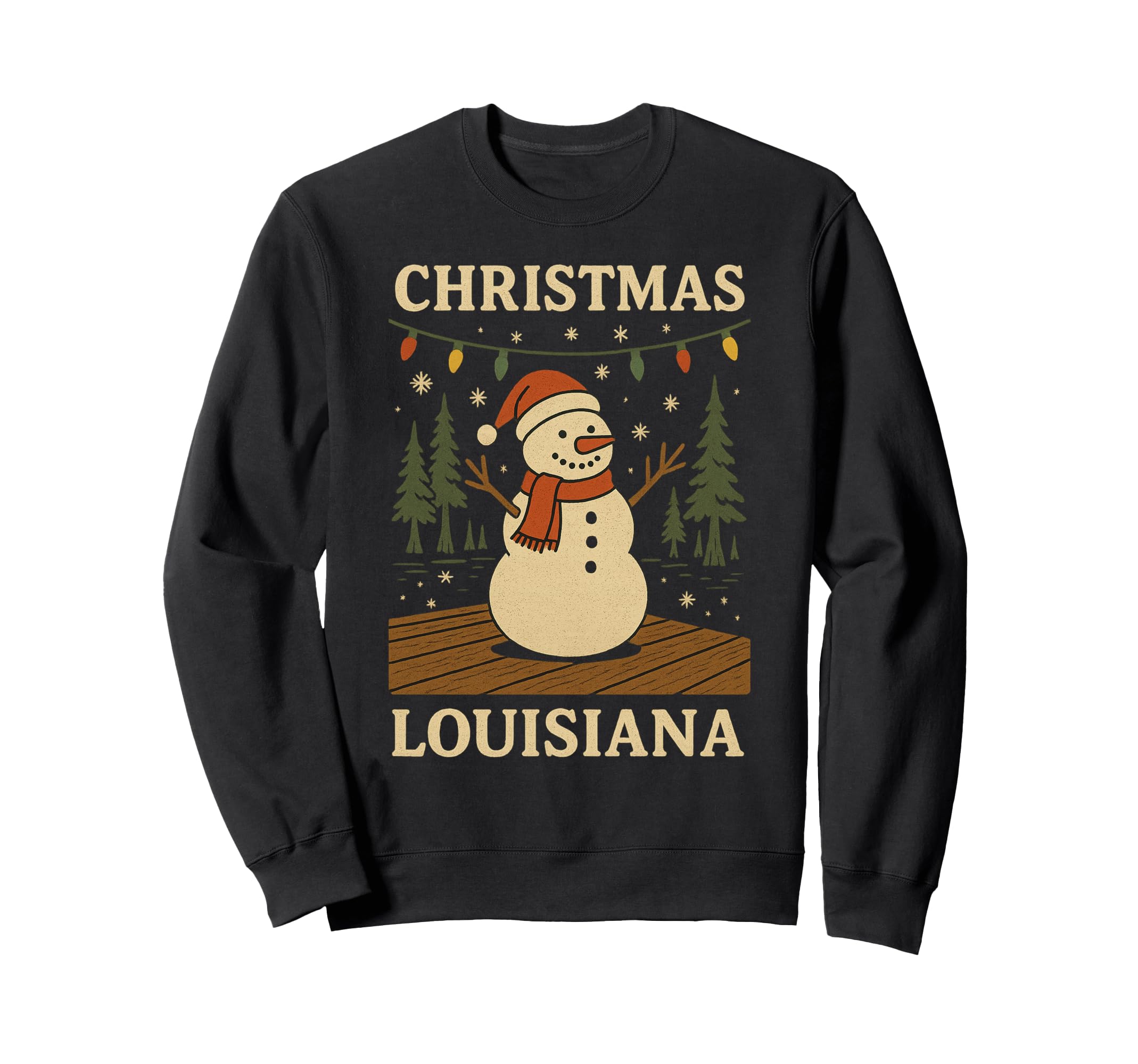 

Louisiana Snowman Christmas Light Snow Forest Sweatshirt Shirt, Deck, чёрный