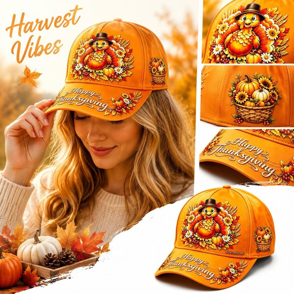 Adult Vintage Retro Baseball with Thanksgiving Digital Print, Casual Adjustable Hat