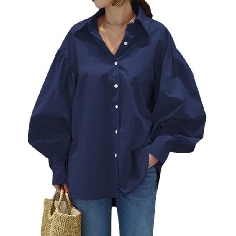 Women Solid Color Button Down Shirt Lantern Sleeve Loose Casual Blouse