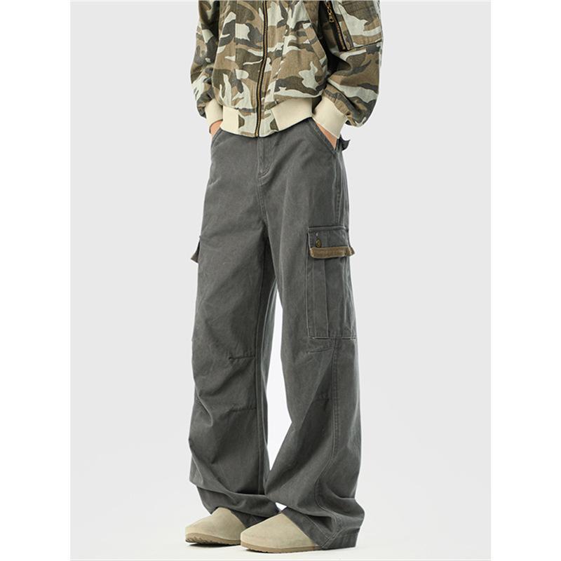 Khaki retro casual pants men's spring American high street big pocket tooling trousers loose versatile straight pants