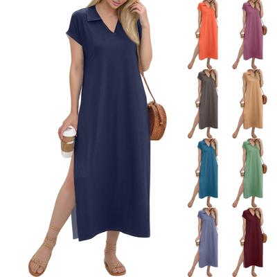 Vestido longo feminino casual com decote em V e saia longa, vestido solto com fenda e manga curta para férias