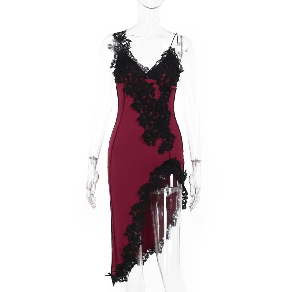 Sexy Lace V Neck Backless Camisole High Waist Midi Dresses For Women Elegant High Split Line Dress  Lady Party Club Vestidos