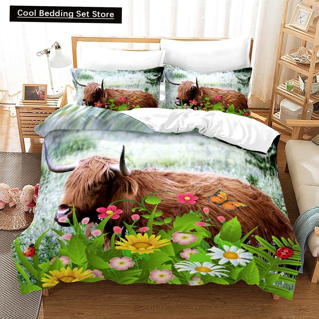 Comforter Cow Herd Pattern King Queen Bedding Set Highland Bull Farm Animal Dairy Cattle Comforter Polyester