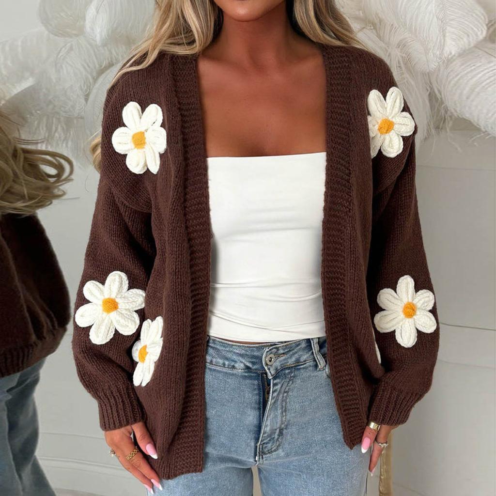 Damen Strickjacke Lockerer Schnitt Farbe mit Großem Blumendruck für Lässige Alltagsmode