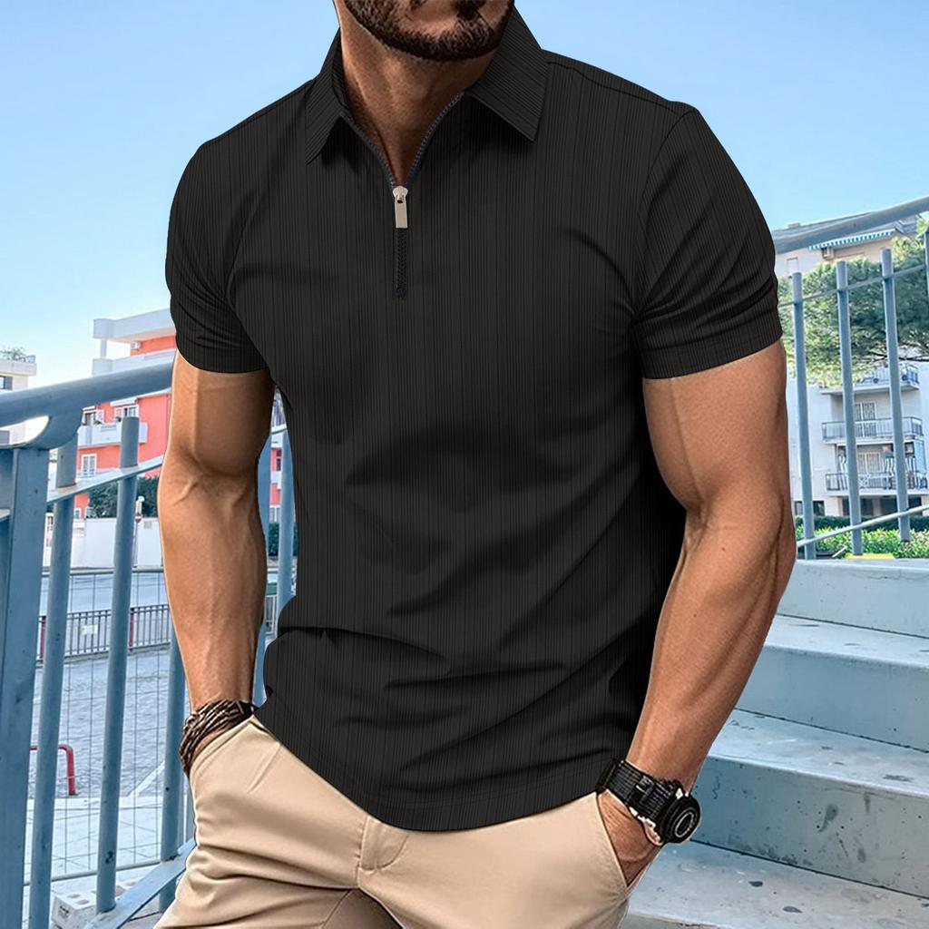 Men's Solid Color Zipper Short Sleeved T-shirt Men's Top