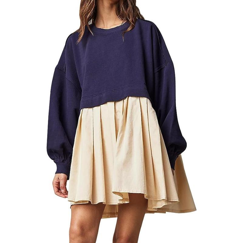 

Женские осенне-зимние повседневные толстовки в стиле пэчворк плиссированные платья XL тёмно-синий