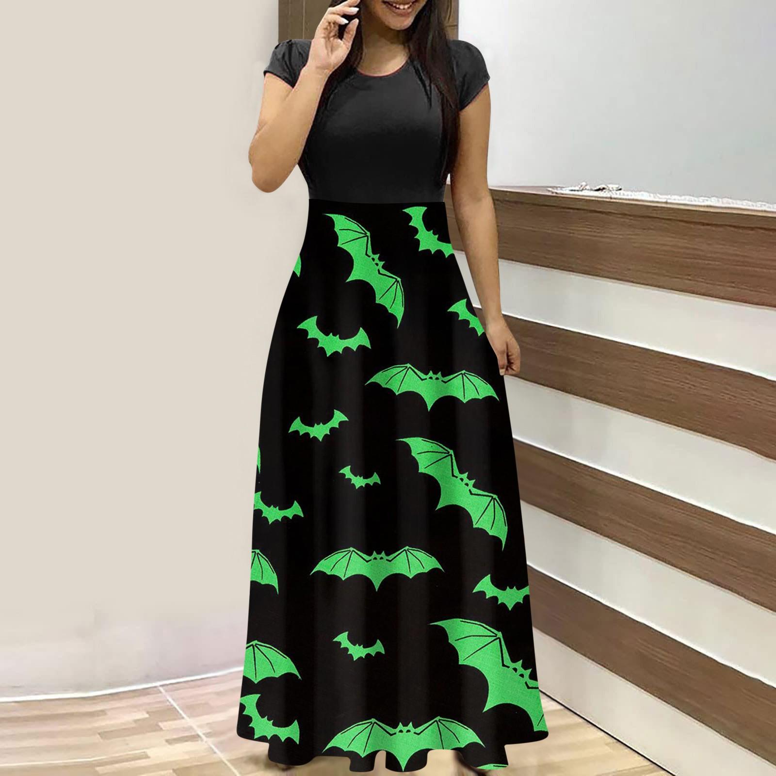 Женское модное платье макси с круглым вырезом и коротким рукавом с принтом на Хэллоуин — фото 7