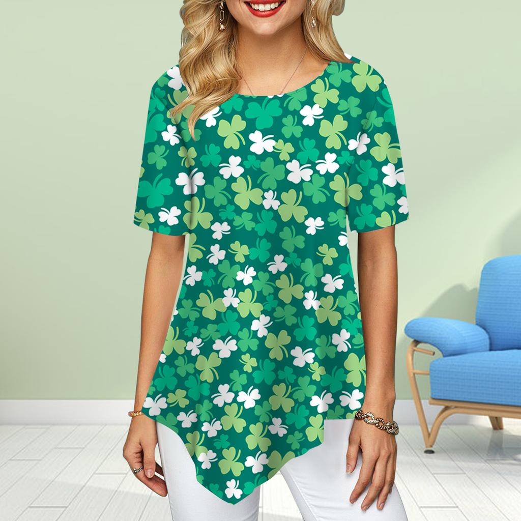 Women Plus Size Ladies Tee Shirts Floral Clover Print Loose Casual Tops Female Irregular Summer Clothes
