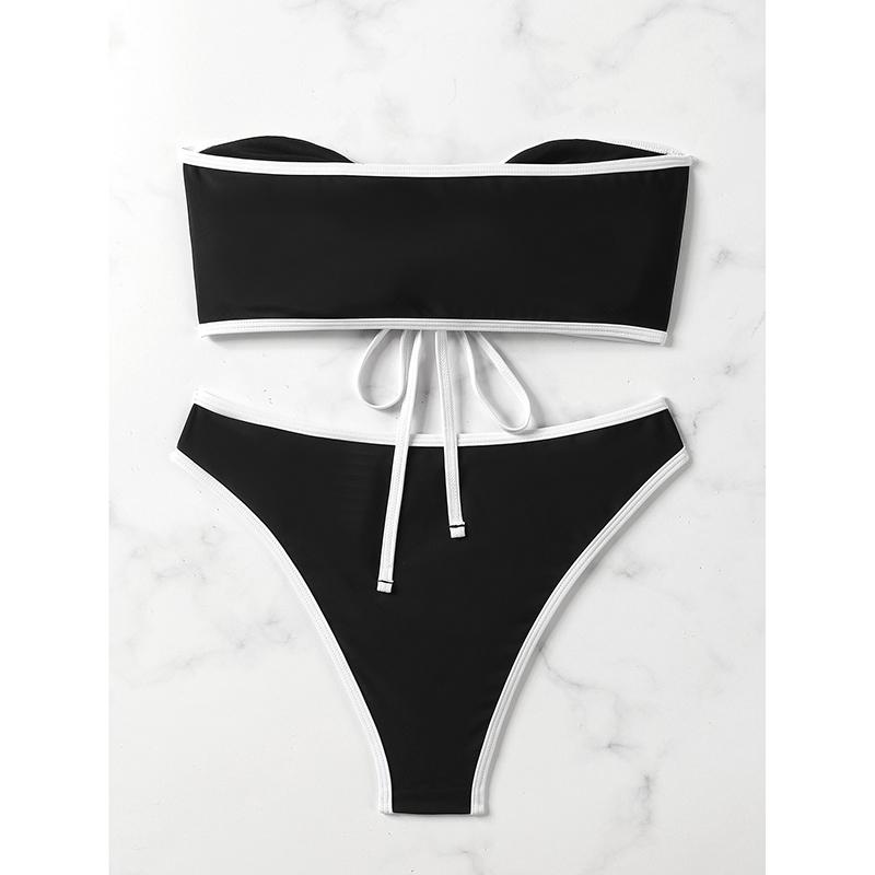 Sexy Two-Piece Swimsuit Pure Color Simple Style Women's Fashionable Hollow Out Bikini Sensual Strapless Swimwear for Swimming