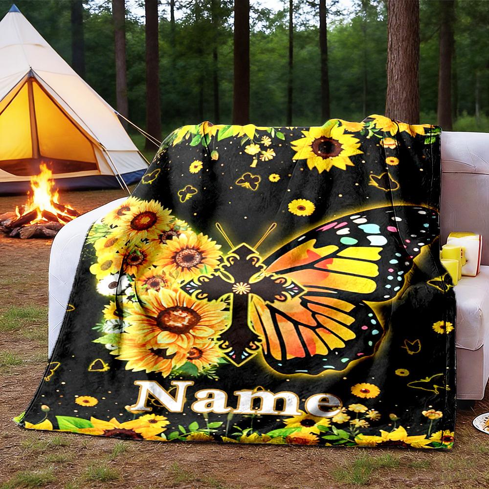 Sunflower Butterfly Customize Your Name Outdoor Blanket Comfortable Soft Lightweight Allseason Multipurpose Blanket For Travel Camping Picnics Sofa