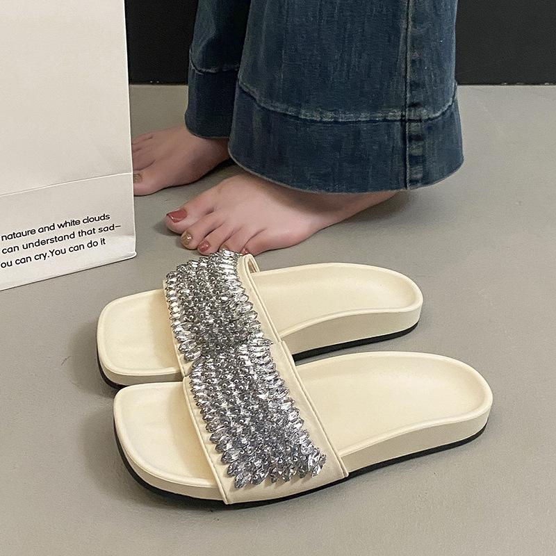 New summer rhinestone fashion outer wear casual open-toe one-word buckle sandals flat-soled cool slippers women