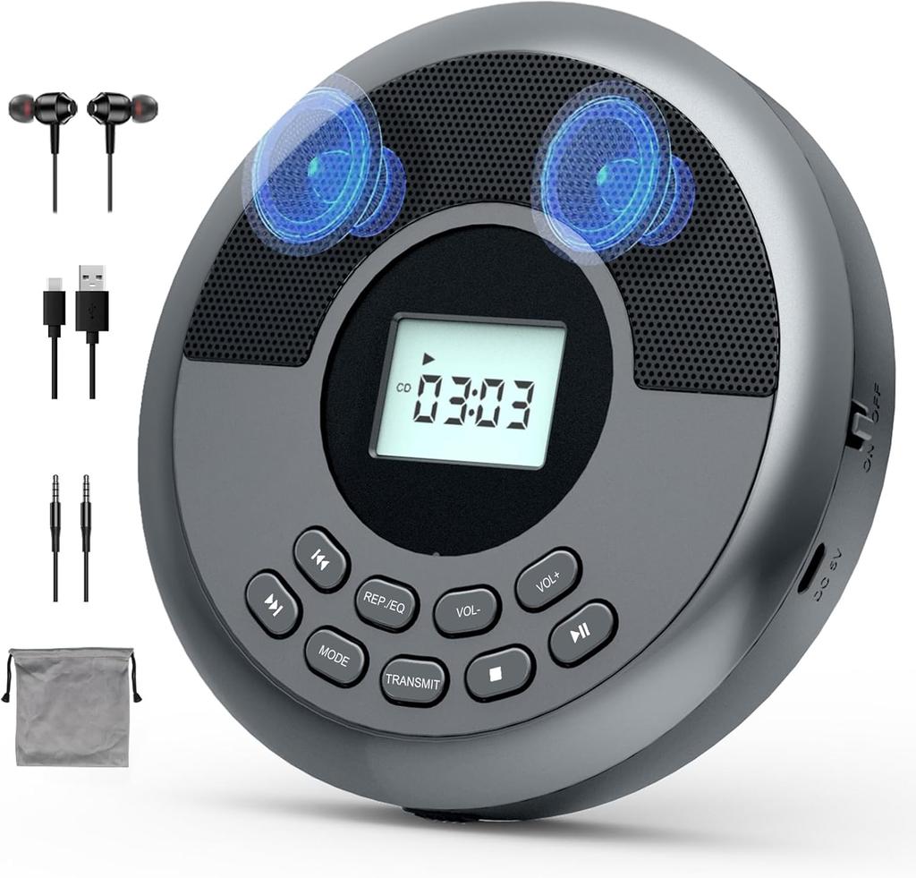 Portable CD Player with Speakers and Bluetooth: Rechargeable Discman with Headphones, Anti-Skip Protection-CD/MP3/USB/BT Transmit/AUX