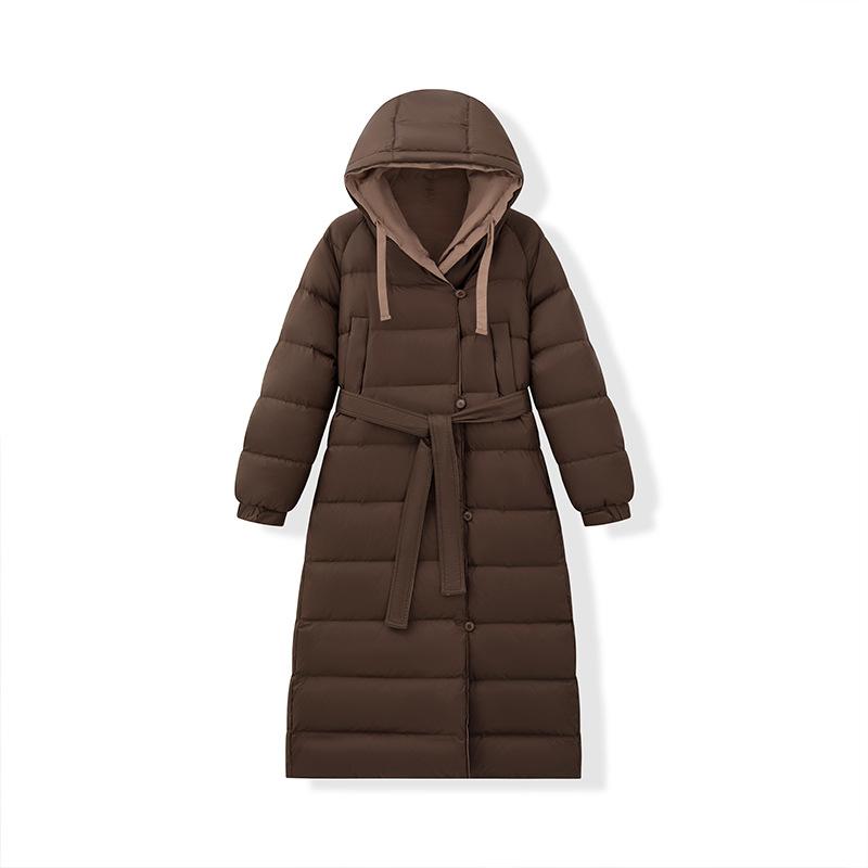 

25 Зимний пуховик плюс длинный до колена пух белой утки простой темперамент женская одежда новый с капюшоном двусторонний L верблюд